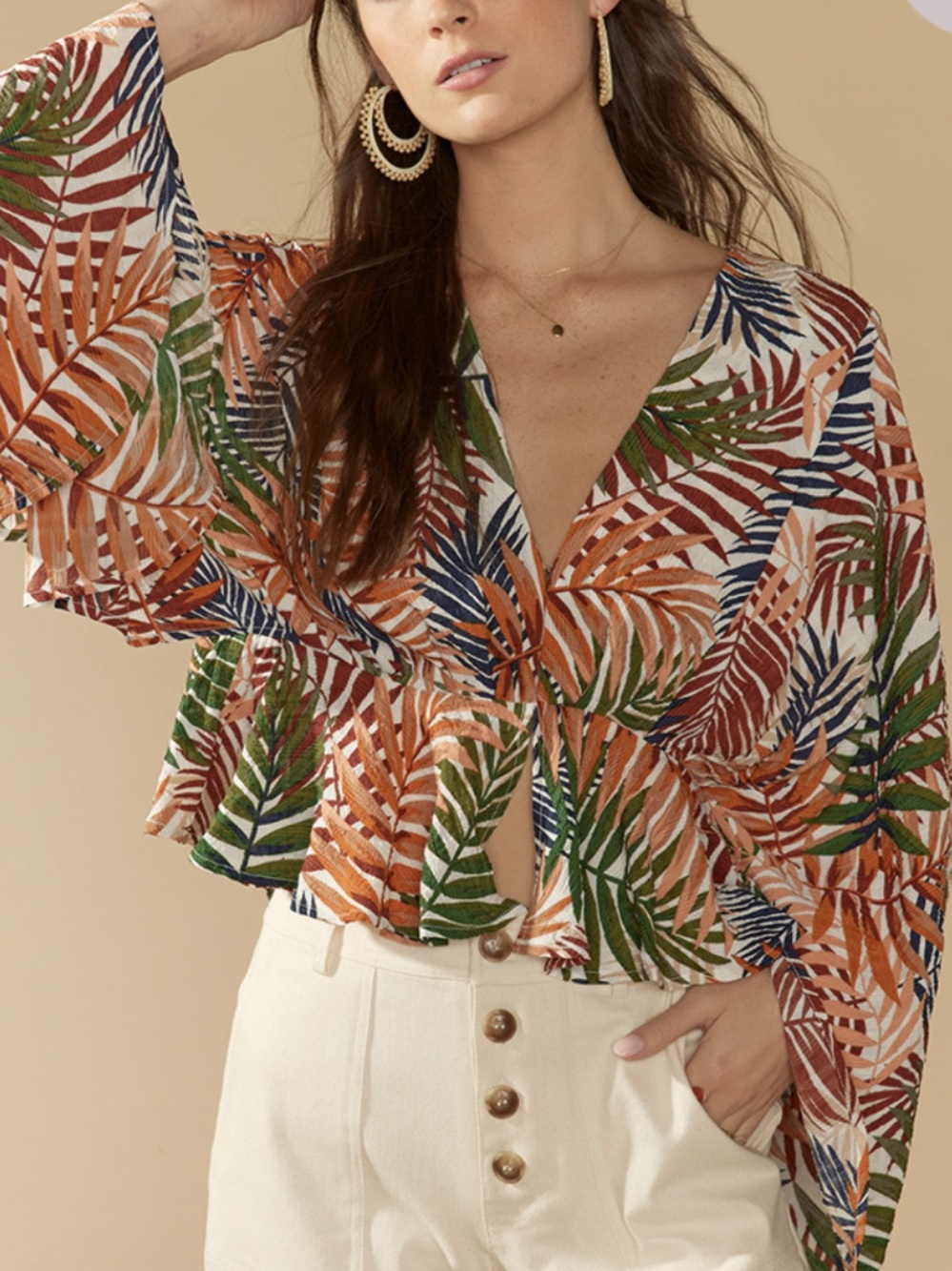 miami Tropical Leaf Peplum Blouse - Green, Rust & Navy